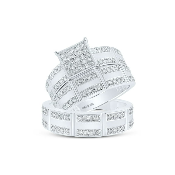 Sterling Silver His Hers Round Diamond Square Matching Wedding Set 1/2 Cttw