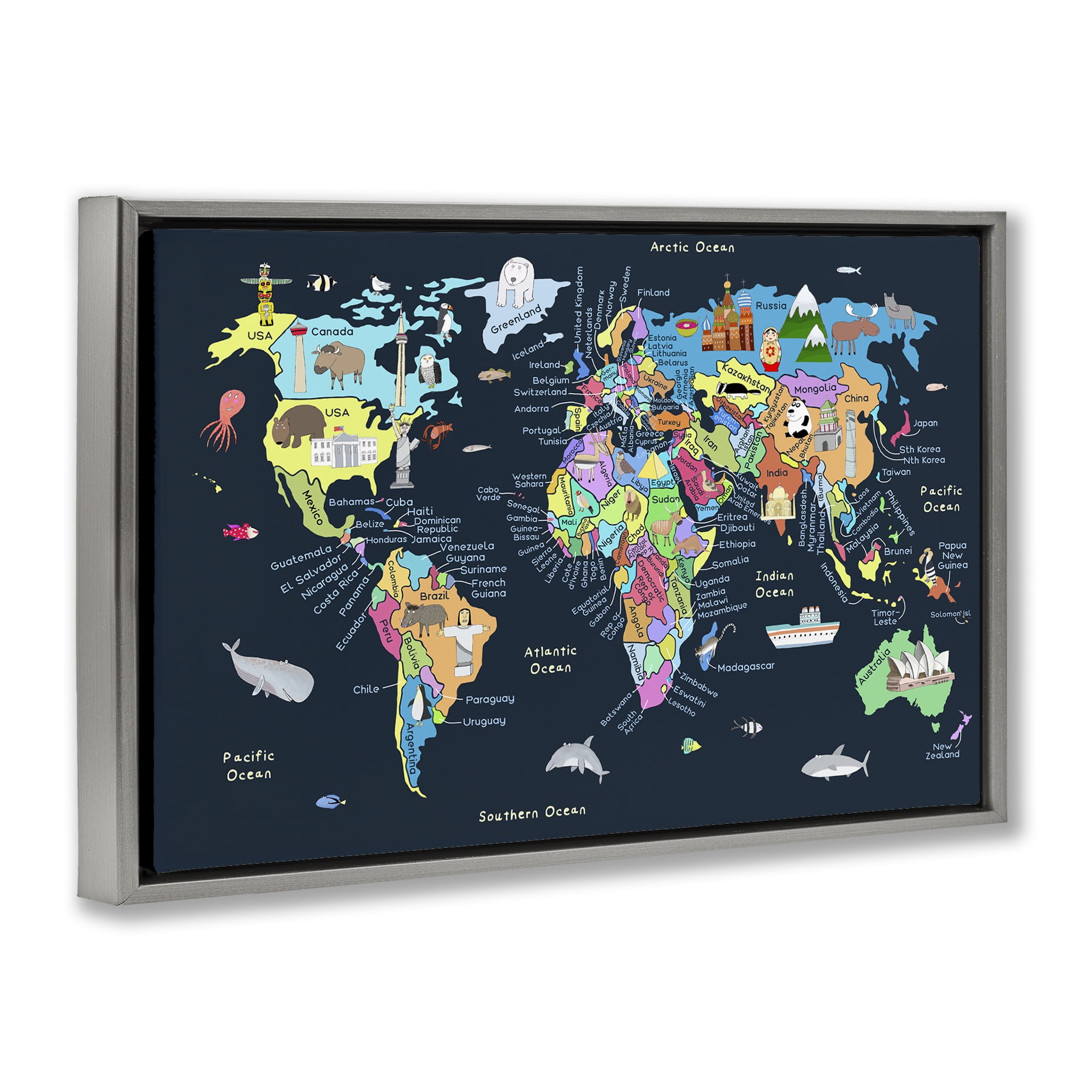 Stupell Industries Detailed Countries Map Education Painting Gray Floater Framed Canvas Art Print Wall Art, 25 x 17