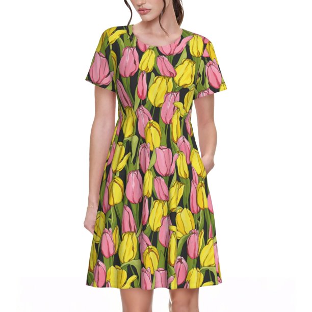 Disketp Tulips Flowers para Vestido de Manga Corta para Mujeres, Vestidos de Verano para Mujeres, Casual y Holgado para la Playa