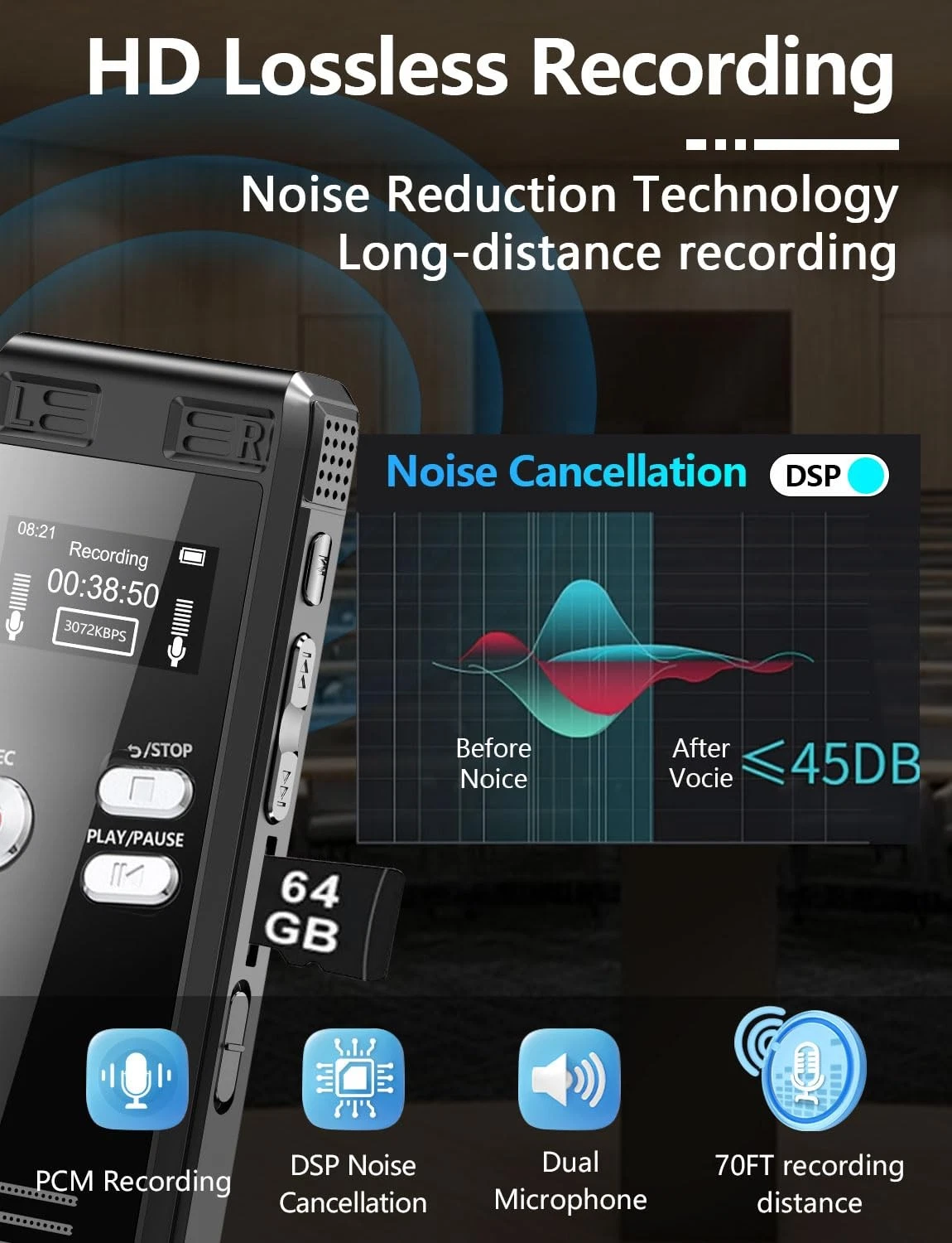 64GB Digital Voice Activated Recorder with Playback - 4552 Hours Audio Record