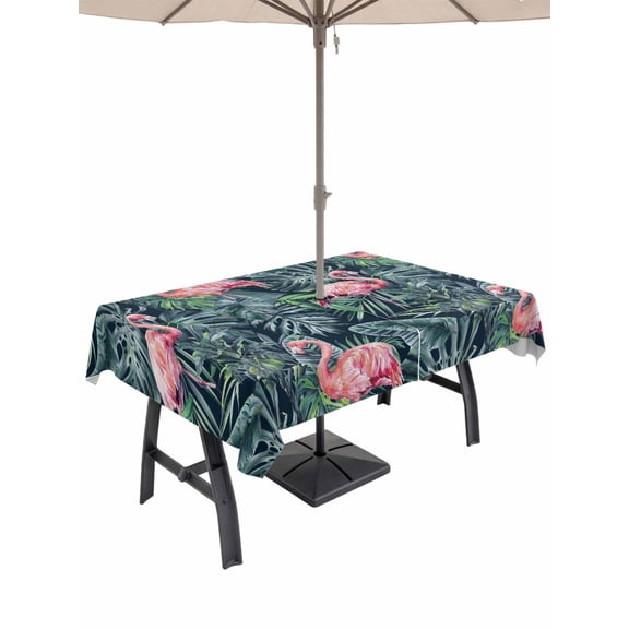 Outdoor Tablecloth with Umbrella Hole for Patio/Picnic/Party/Camping, Pink Flamingo Waterproof Table Cloth Rectangle Table Cover Washable, Summer Watercolor Tropical Green Palm Leaves (60"x 120")