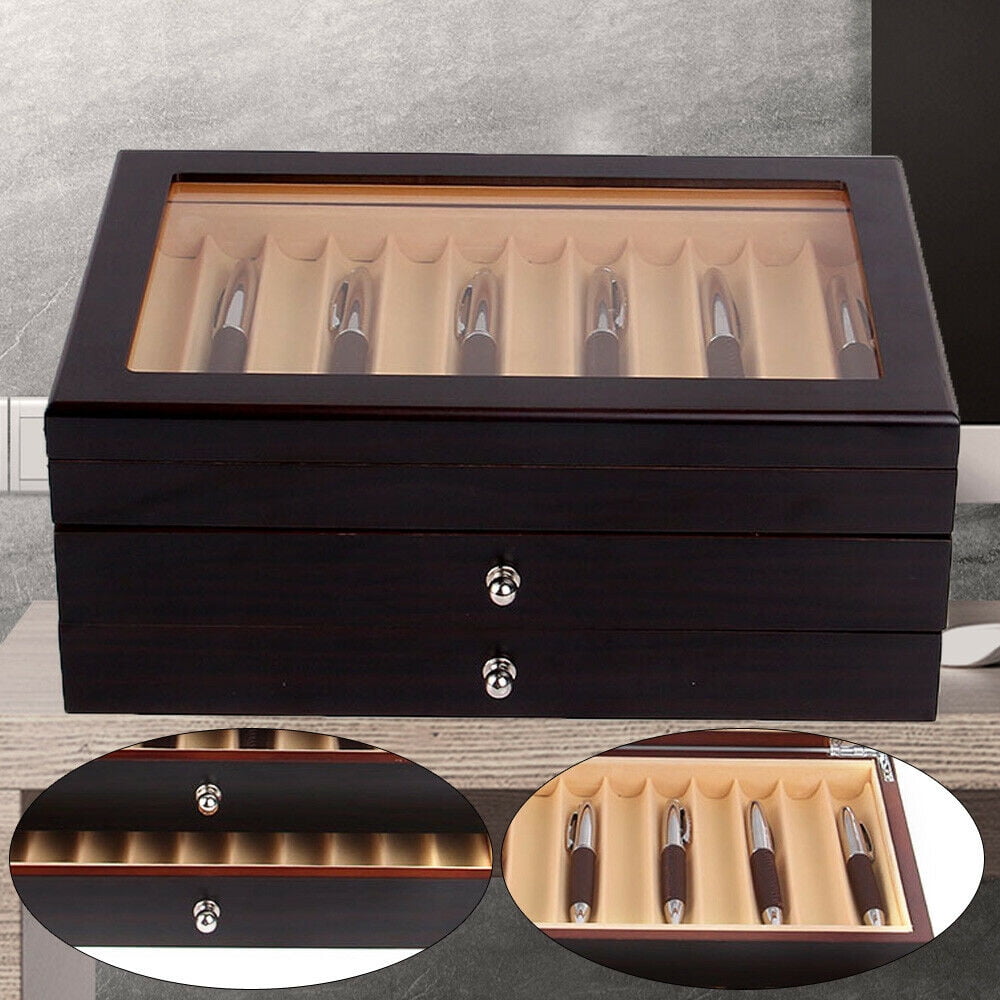 3 Layers 34 Slots Wooden Fountain Pen Display Storage Box Black Unisex
