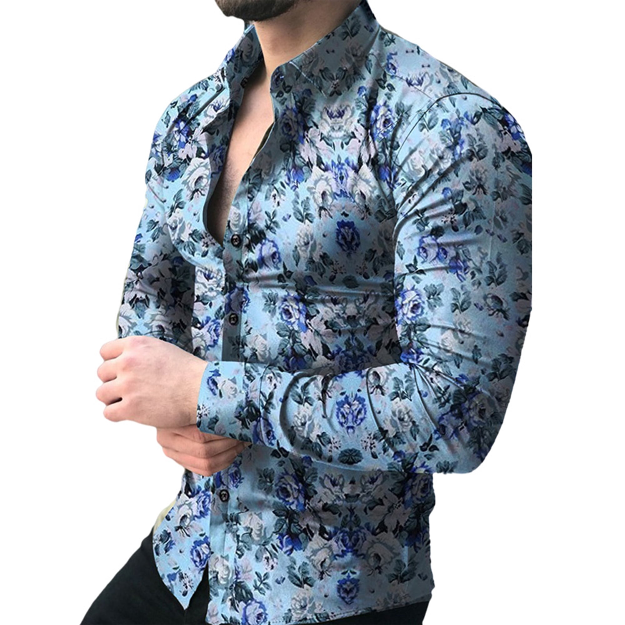 Fashnice Mens Blouse Button Down Shirts Lapel Neck Tops Slim Fit Holiday Tunic Shirt Blue Floral XXL