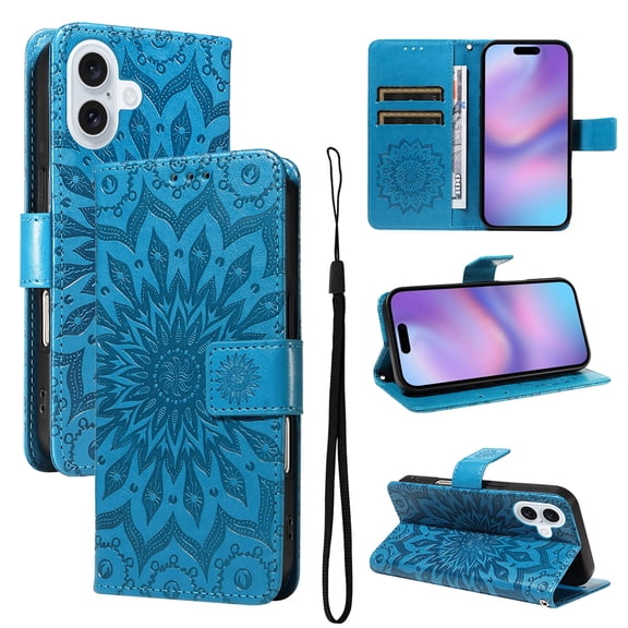 Allytechgroup for iPhone 17 Case Wallet, Slim Fit Sunflower Embossed PU Leather Flip Cover Stand Hand Strap Shockproof Stylish Cards Slots Phone Case for iPhone 17, Blue