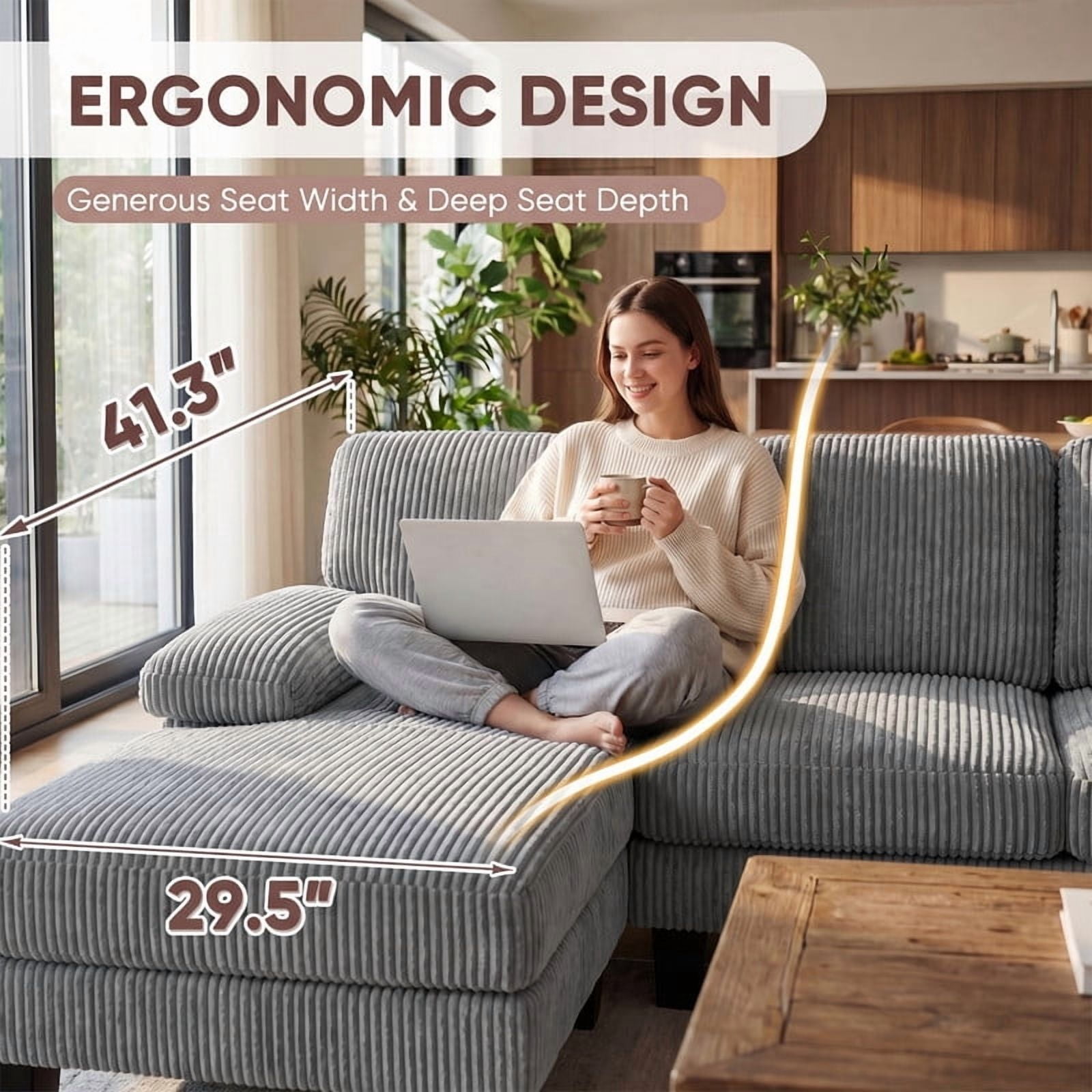 Vineego 105" Cloud U-shape Sectional Sofa Modern Modular Oversized Couches for Living Room,No Assembly Required,Corduroy Gray