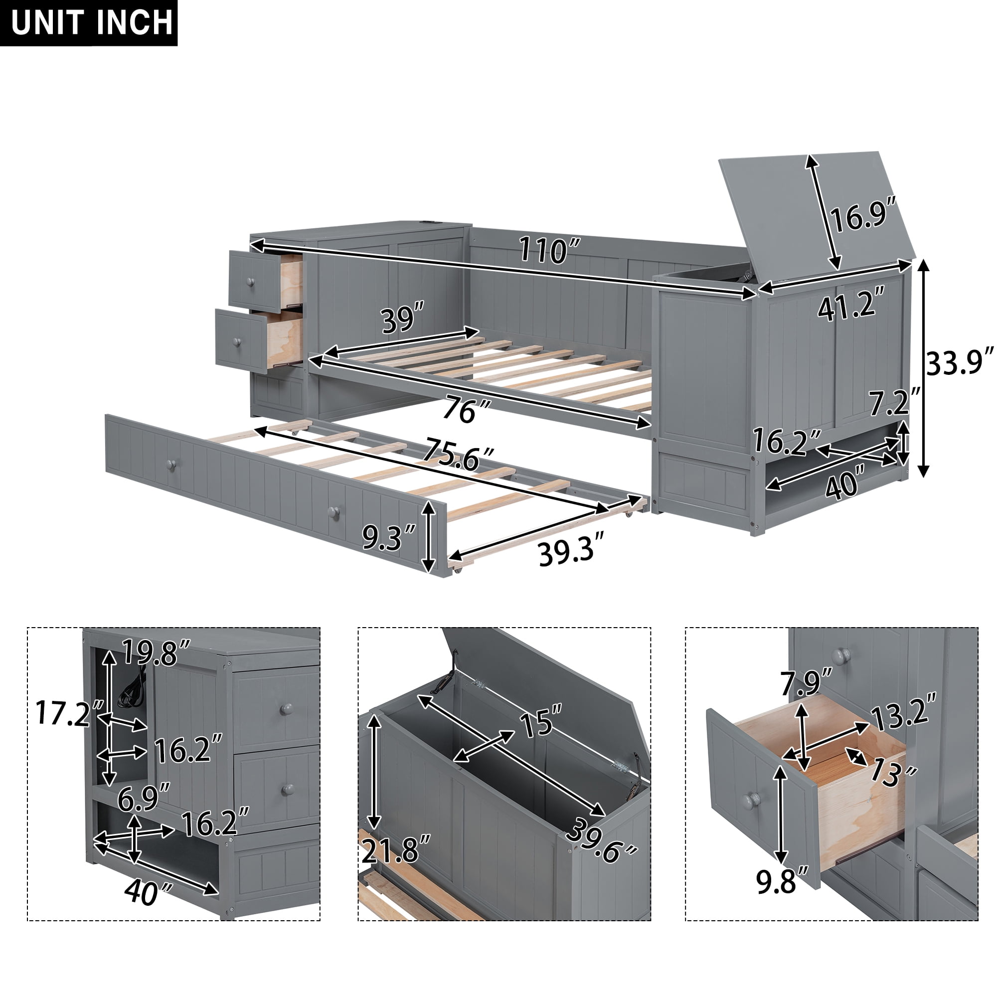 Euroco Wood Twin Size Daybed with Trundle, Storage Cabinets with Shelves and Drawers, Charging Station Sofa Bed, Gray