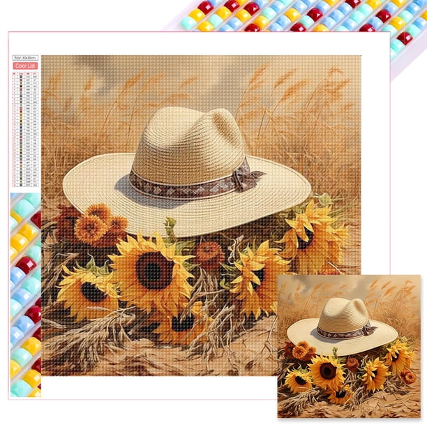 (ZQA1856) Sombrero Girasol Con Diamantes Serie Flores Y Plantas Pintura Cuadrada Resina Con Diamantes 30x30CM Tamaño Lienzo 35x35CM