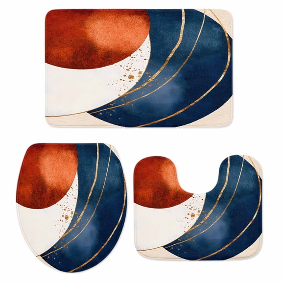 Navy Blue Burnt Orange Bath Mat 3 Piece Bathroom Rug Set, Modern Boho Art Geometric Non Slip Bath Rug Contour Mat and Toilet Lid Cover, Absorbent Shower Mats Soft Bath Rugs and Mats Sets