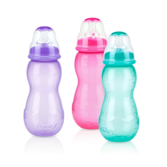 Nuby 3 Pack Non-Drip Standard Neck Bottles - Pink, Purple, and Aqua