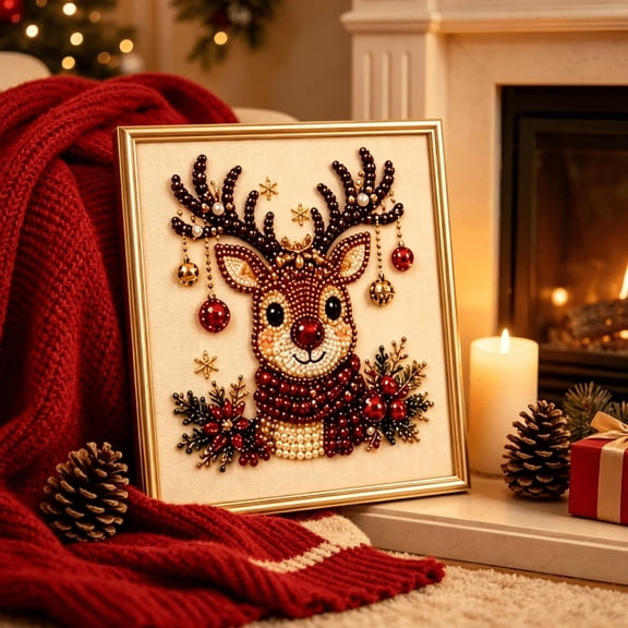 DIY Christmas Pearl Diamond Painting Art Kit, Beginner Friendly Symbol Matching Craft Kit for Winter Indoor Handmade Activities (Reindeer)