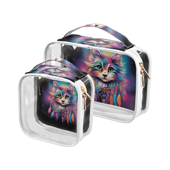 Colorful Cat Head Clear Cosmetic Bags with Handles PVC Toiletry Bags Zipper Waterproof Portable for Traveling 2 Pcs