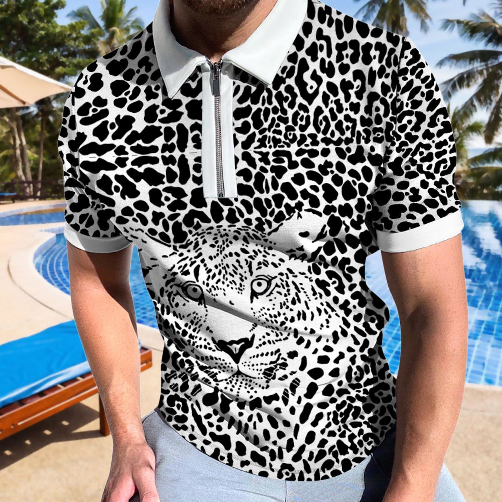 Men's Polo Shirts Mens Spring Summer Short Sleeve Zipper Lapel Leopard Print  Casual T-Shirt Top 
