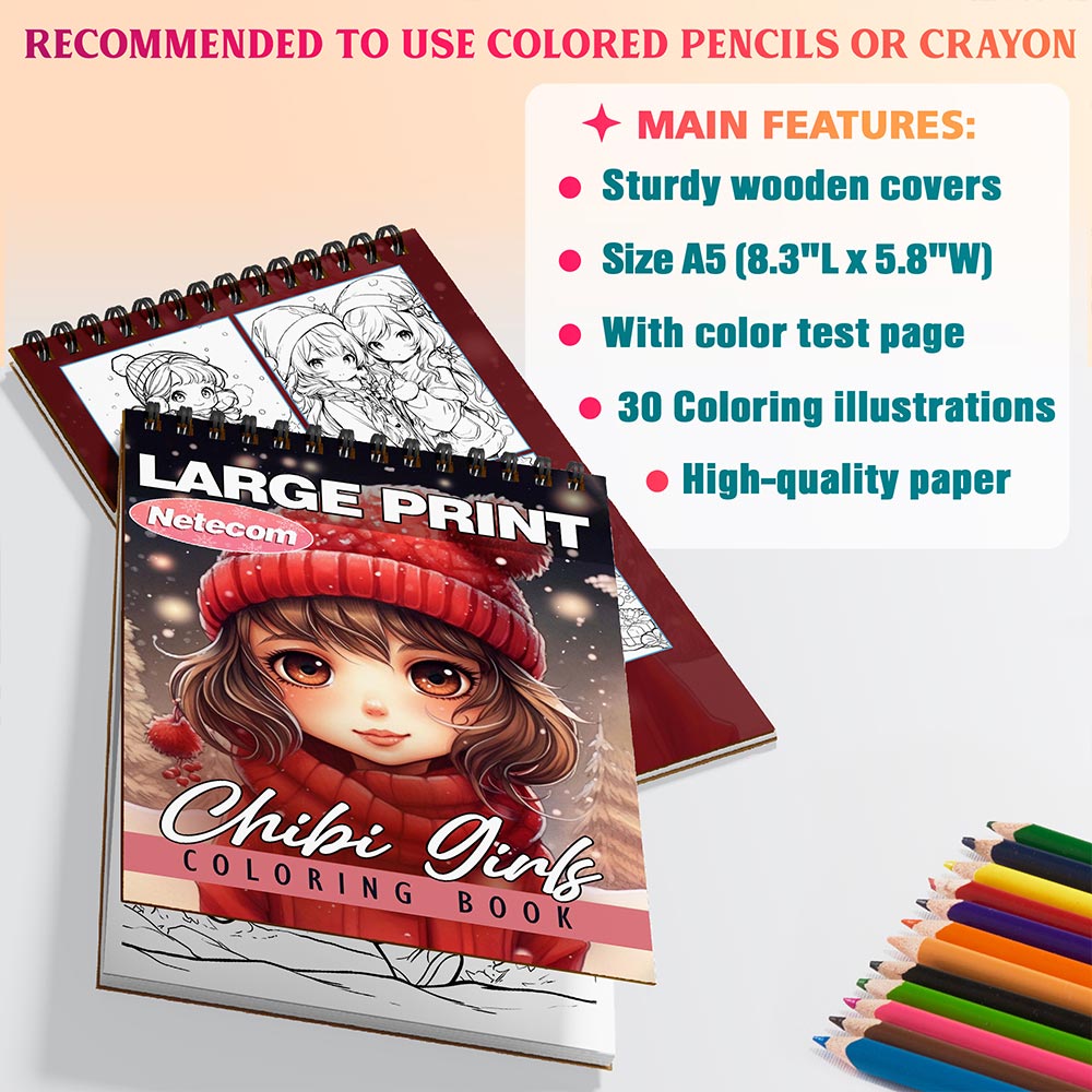Netecom Chibi Girls Christmas Coloring Book Spiral Bound for Adults, A5 Wooden Cover, 30 Beautiful Coloring Pages of Chibi Girls in Holiday Season for Stress Relief and Relaxation