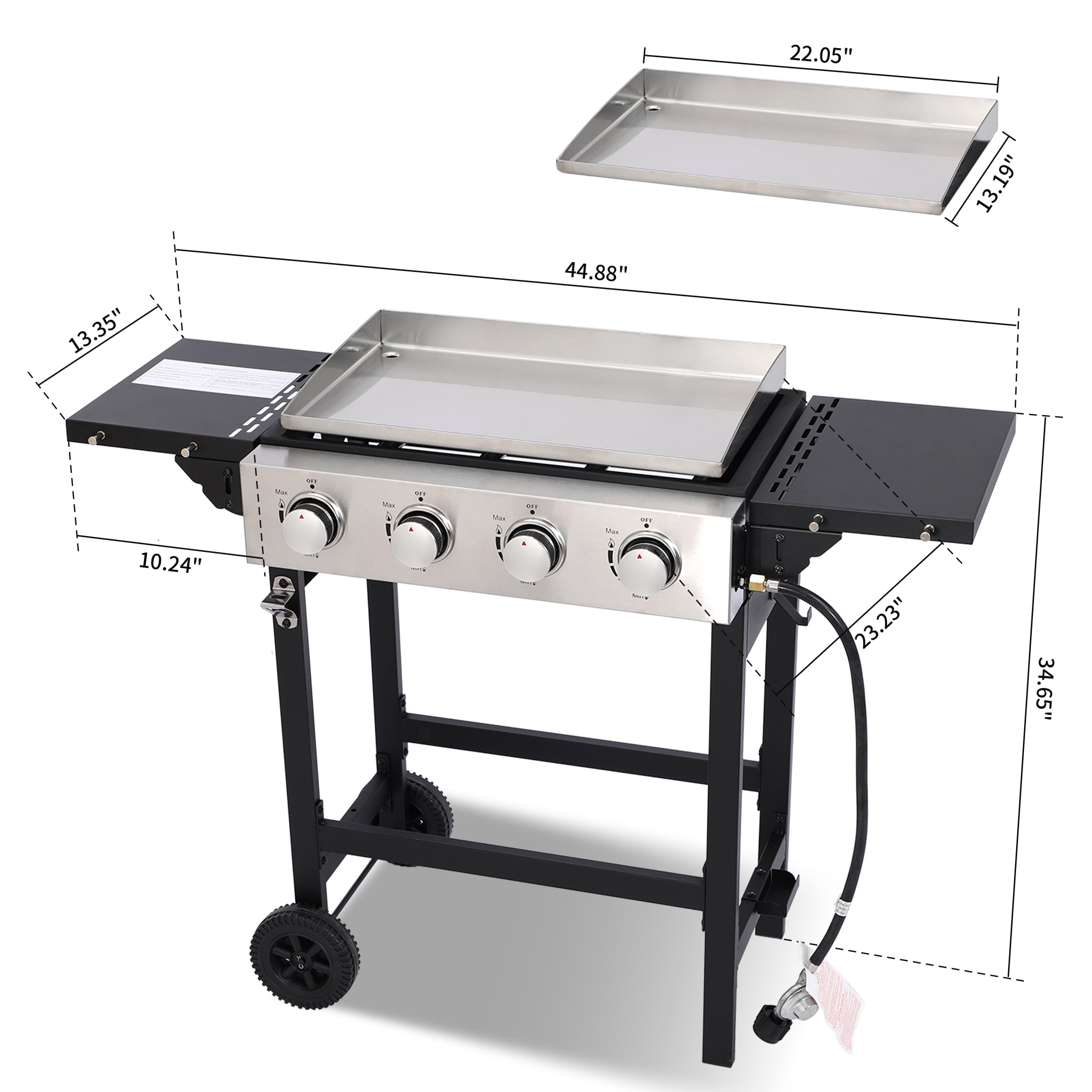 Flat Top Gas Grill 40000 BTU, 4 Burner Propane Griddle with Stainless Steel Pan, Side Shelves, and Wheels, Easy Clean