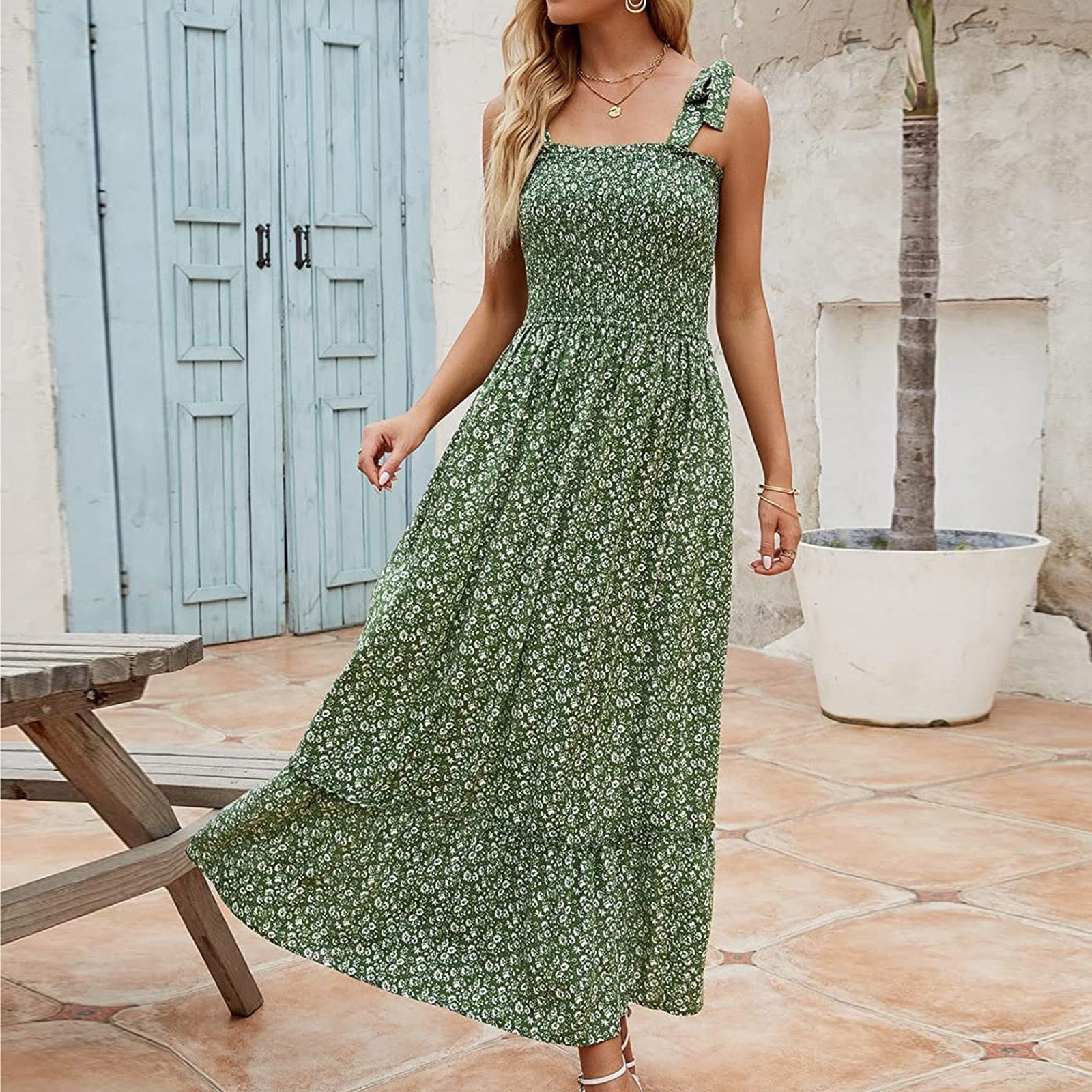 SMihono Robes d Ete Bohemiennes Femmes Grande Taille Mode Femmes Ete Decontracte Imprime Camisole Sans Manches Bandage Gilet Longue Robe