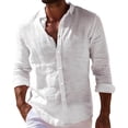 thumbnail image 3 of Cotton Linen Shirts for Men Long Sleeve Button Down Lapel Collar Tops Regular Fit Summer Daily Casual Shirts, #01 White, L, 3 of 5