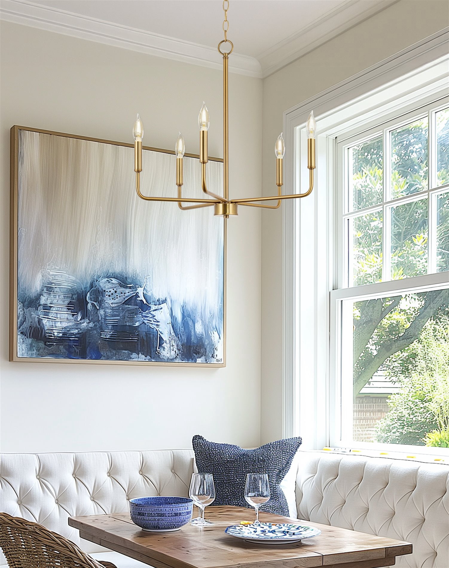 Kira Home Camille 22" Modern 5-Light Gold Chandelier, Minimalist Candle-Style Gold Hanging Fixture, Warm Brass Finish