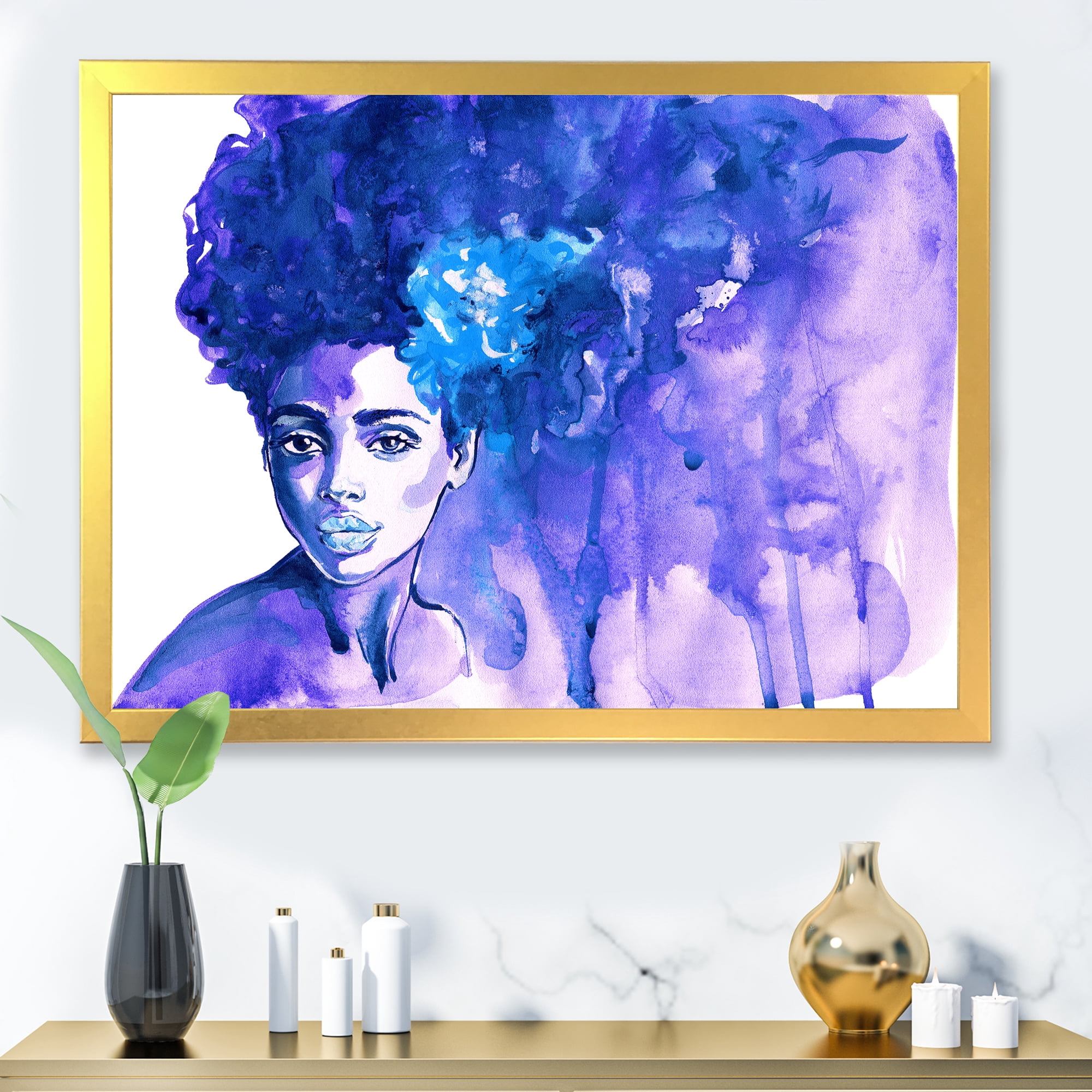 Designart 'Glorious Blue Portrait of Afro American Woman' Modern Framed Art Print