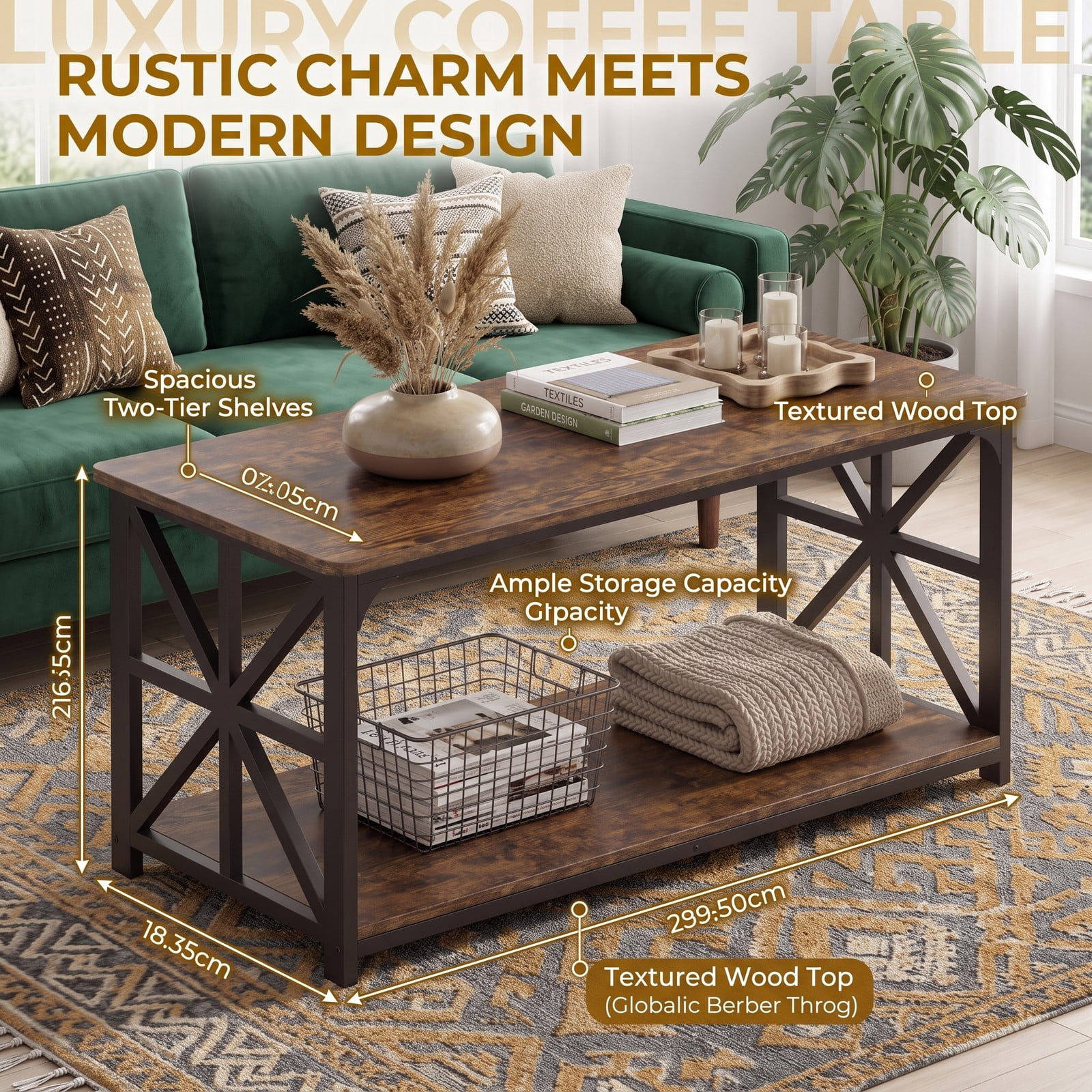 Furnibear 2-Tier Coffee Table with Storage Shelf, Rustic Farmhouse Center Cocktail Table, Wood Look Top with Carbon Steel Frame and X-Shaped, Rustic Brown & Black