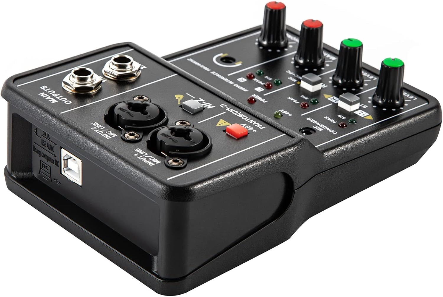 Portable Mini Mixer 2 Channel Audio DJ Console USB 48V Phantom Power Combo Jack Microphone/Guitar XLR+6.35mm, 3.5mm Stereo in for PC Recording Singing Webcast Party