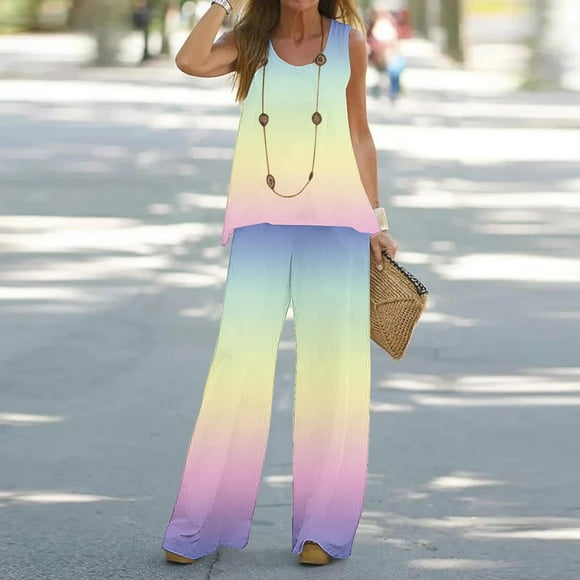 Fankiway Women'S Summer Loose 2 Piece Lounge Matching Sets Printed Outfits Round Neck Tank Sleeveless tops and Long Pants Tracksuits Suit Womens Workout Clothes Women Clothes Sets