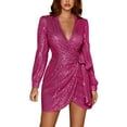 thumbnail image 2 of BLTIBY Women Sequin Evening Dress Hip Wrap V-Neck Ruched Waist Long Sleeve Glitter Cocktail Party Short Slim Formal Gown with Belt Hot Pink S, 2 of 8