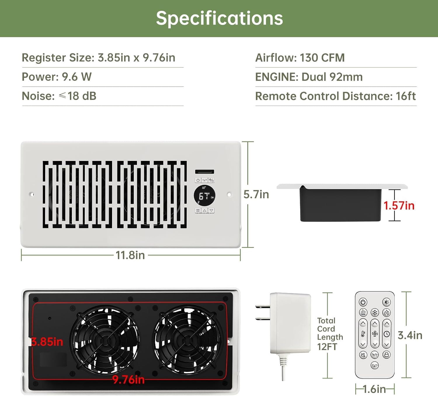 Register Booster Fan Fits 4' x 10' Register Holes, Smart Control Heating Cooling AC Vent Fan, 10-Speed Quiet Register Vent Booster Fans with Thermostat Control & Remote Control