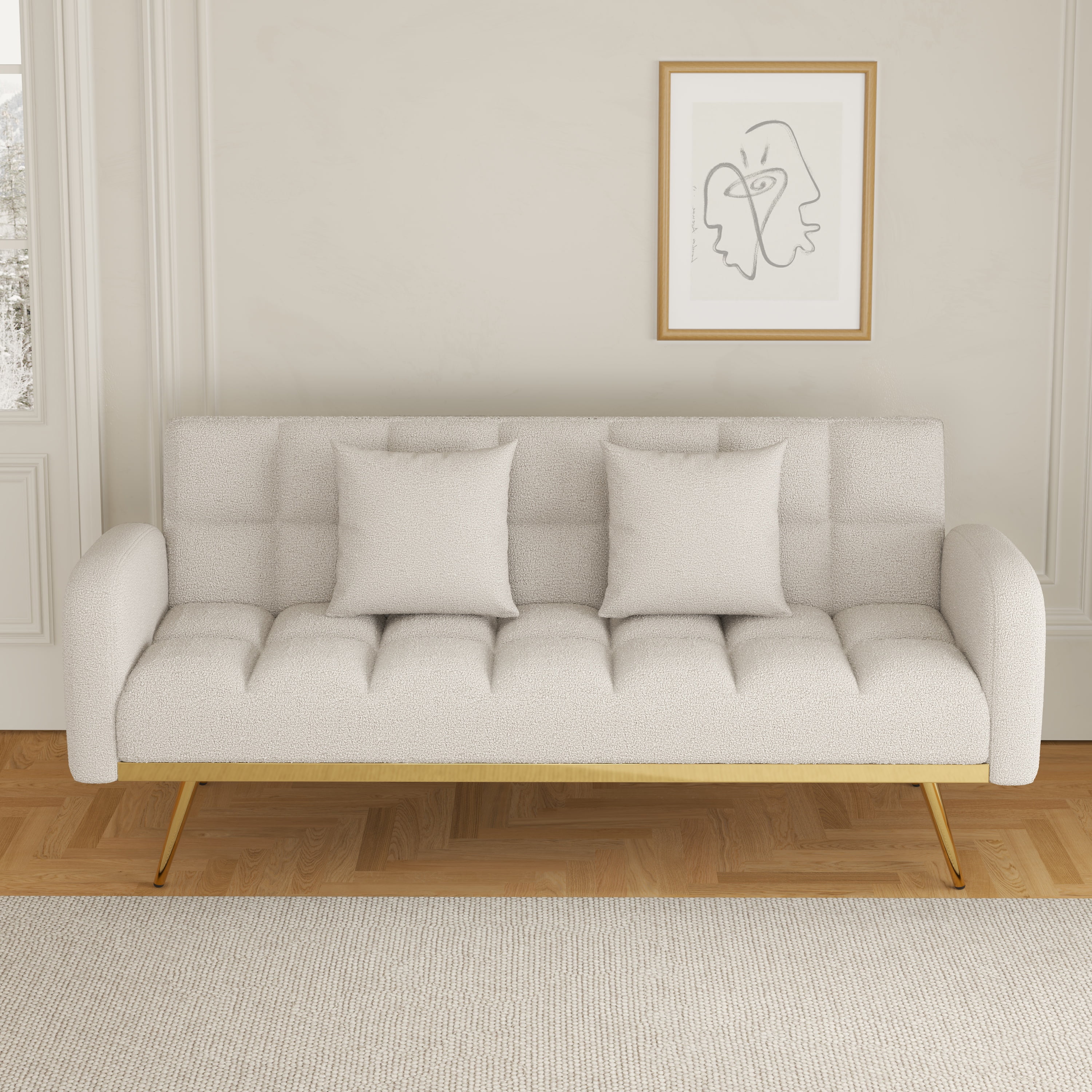 69 inch Futon Sofa Bed Teddy Fleece Convertible Couch Bed with 2 throw pillows Adjustable Sofa for Apartment Small Space,Beige