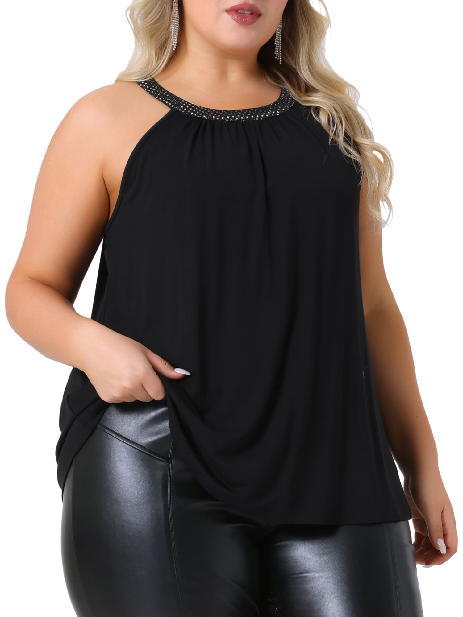 DARING DIVA Women's Plus Sparkling Flowy Cami Shirt Blouse 1X Black