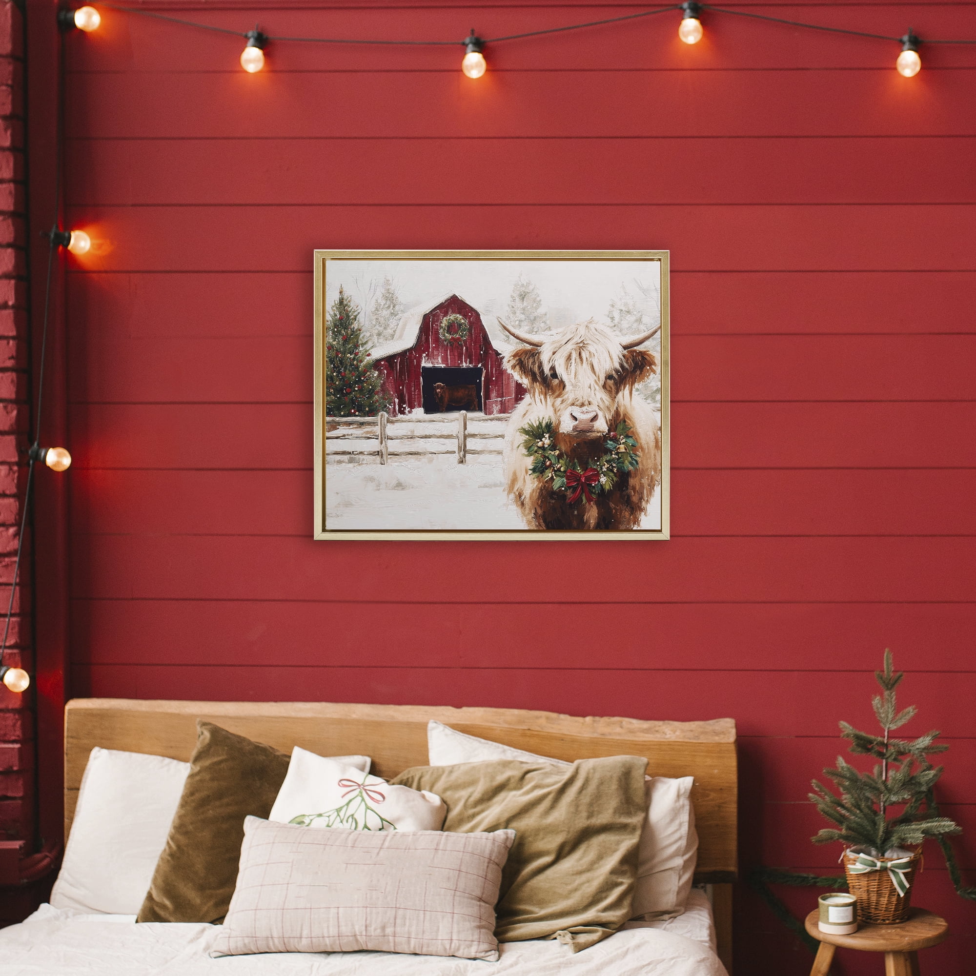 Stupell Industries Snowy Farm Scene Cattle Gold Framed Floater Canvas Wall Art, design by Acorn & Ivory Designs