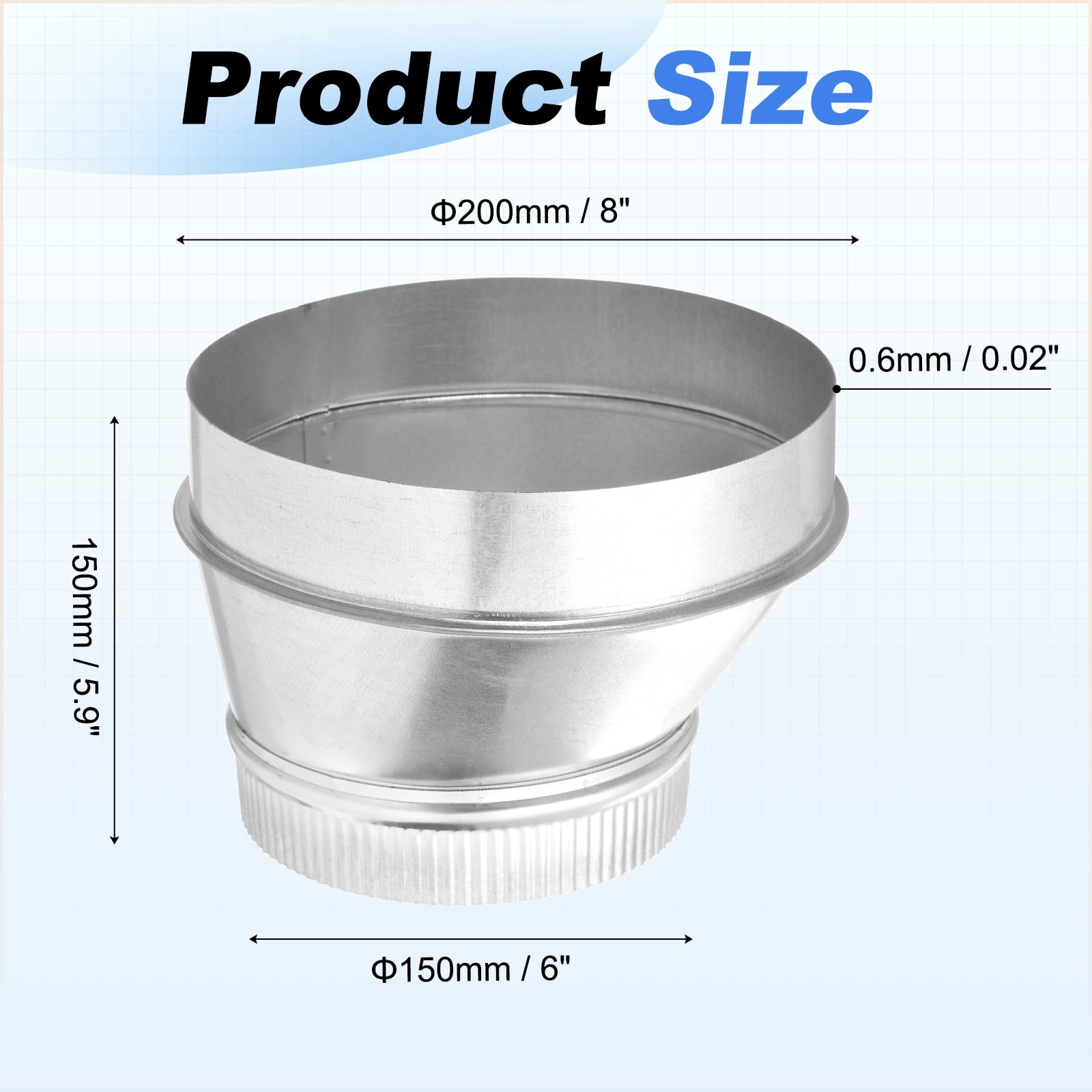 Uxcell Eccentric Duct Reducer (8" to 6" ) - Galvanized Steel Crimped End Ducting Connector Increaser Round Air Duct Adapter Pipe Vent Inline Fitting for HVAC Ventilation System, Silver