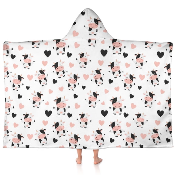 Cow and Heart White Pattern Hooded Bath Towel Wrap for Teens Ages 3 To 12, Soft Lightweight Quick Dry Microfiber Bath Beach Pool, 60"x35"