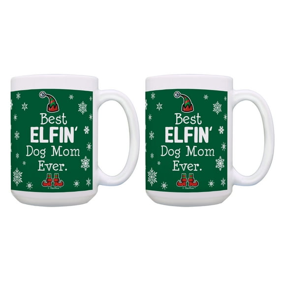 ThisWear Dog Mom Mug Set Best Elfin Dog Mom Ever Dog Xmas Gifts 2 Pack Gift 15oz Coffee Mugs Green