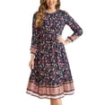 thumbnail image 2 of INSPIRE CHIC Women's Boho Dresses Floral Crew Neck Long Sleeves Midi Summer Dress M Navy Blue, 2 of 6