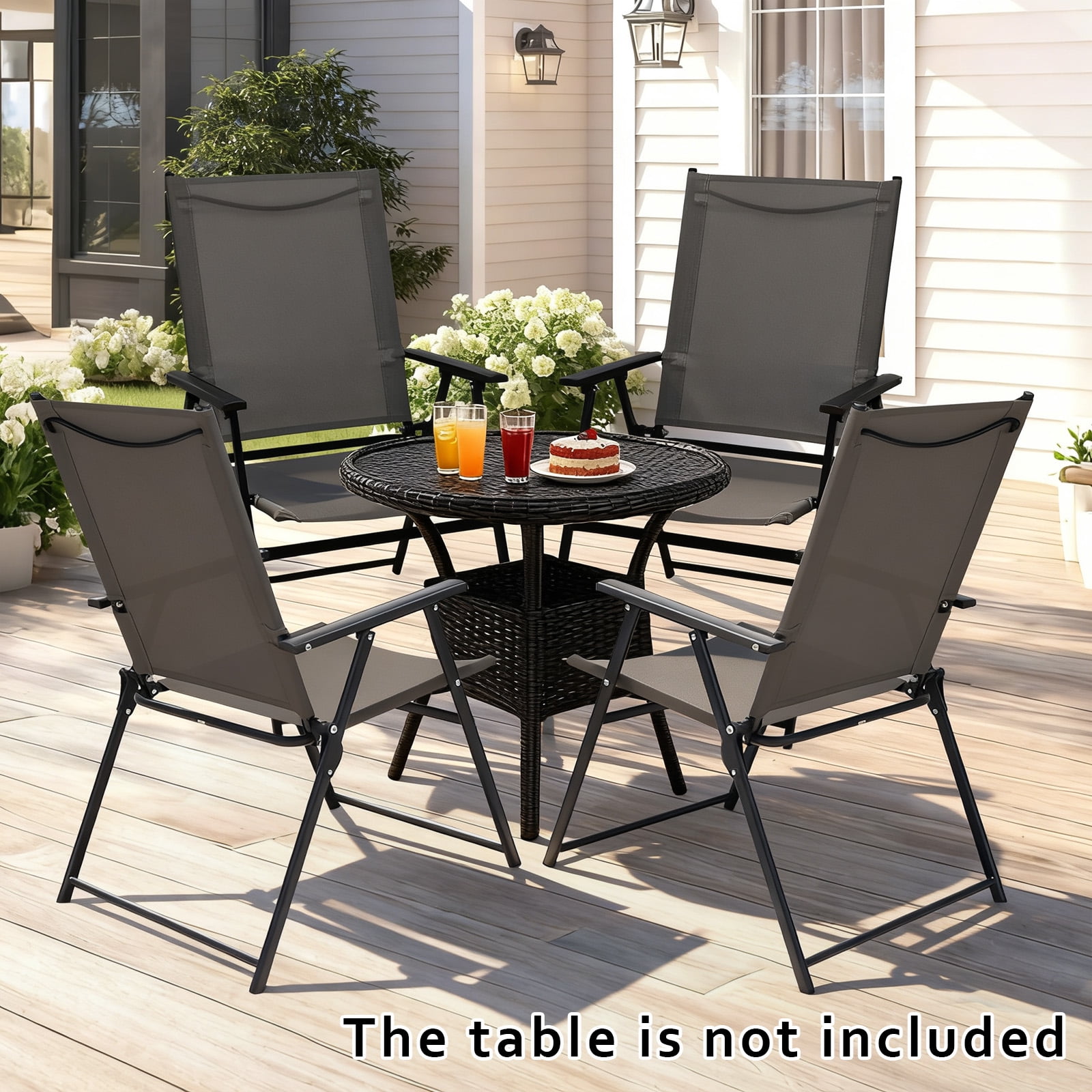 Set of 4 Outdoor Folding Chairs, Portable Patio Dining Chairs with Armrests & High Back, Sturdy Steel Frame for Garden, Lawn, Poolside, Camping (Gray)