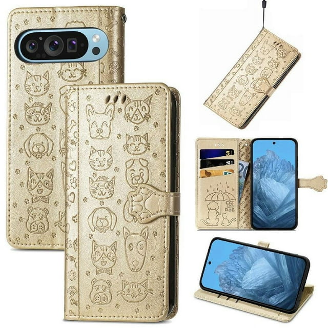 Étui à Rabat pour FOXDOCK Google Pixel 10 Pro TG, Étui à Rabat en Cuir PU Gaufré Chat et Chien avec Fentes pour Cartes, Support