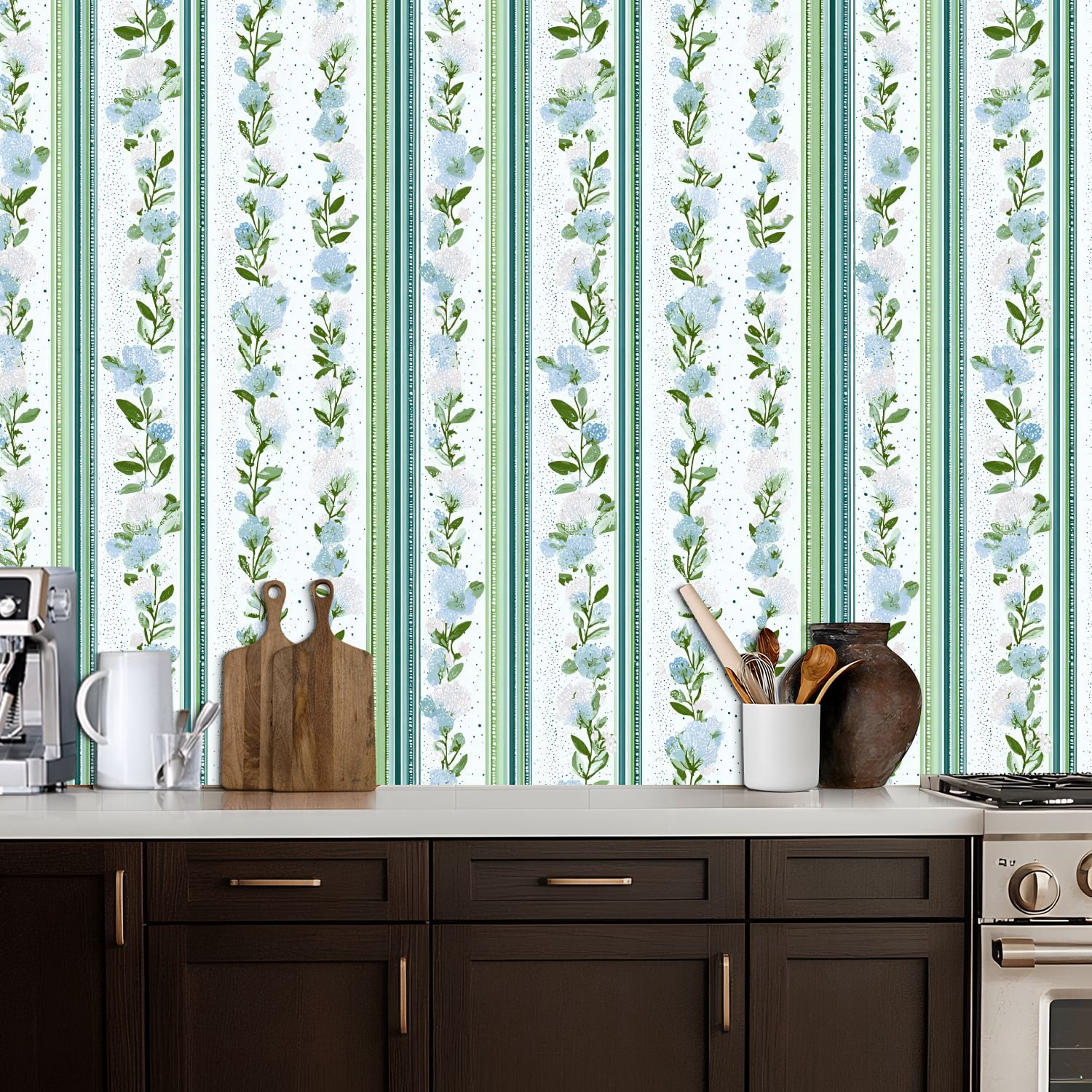 Peel and Stick Wallpaper Floral Stripe Blue Blossoms Green Leaves Light Wall Mural 17.7in x 9.8ft Self Adhesive Removable Wall Paper Renter Friendly Wallpaper for Bedroom Livingroom Office Studio