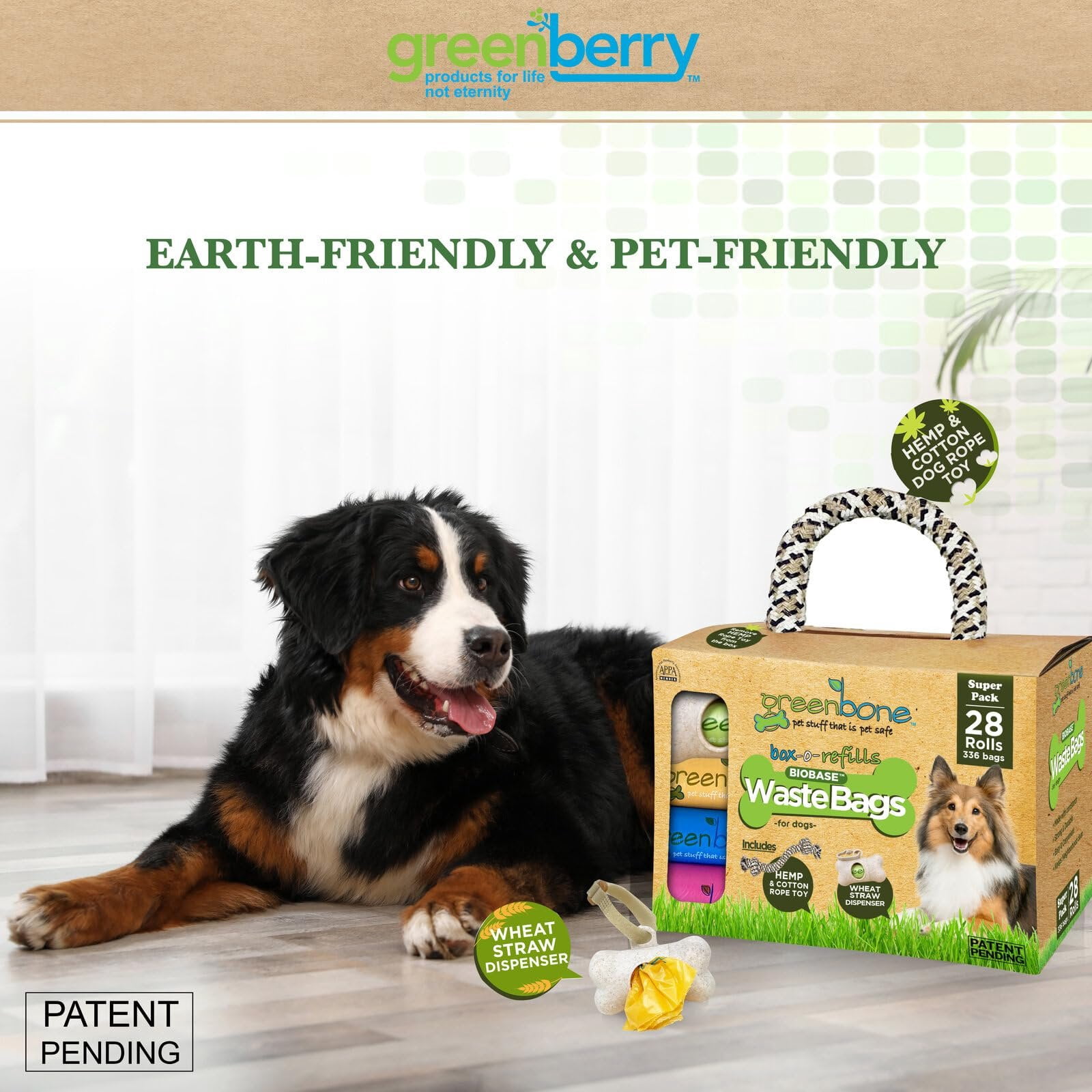 Greenbone Dog Gift set Blue Dog Poop Bag Refills for Dispenser:  includes Dispenser and Rope Toy Handle - 28 Rolls - 336 Bags
