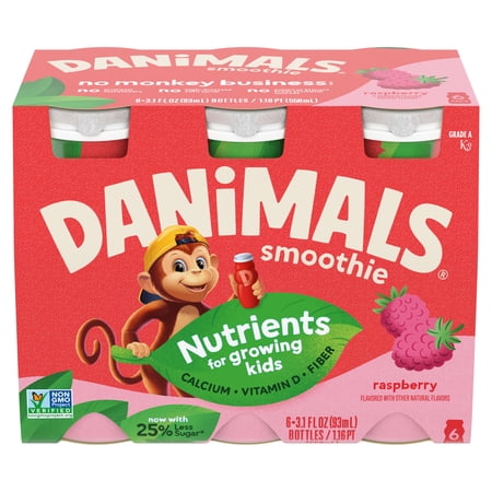Danimals Smoothie Raspberry Low Fat Dairy Drink Smoothie Bottles Multi-Pack, 3.1 fl oz, 6 Count