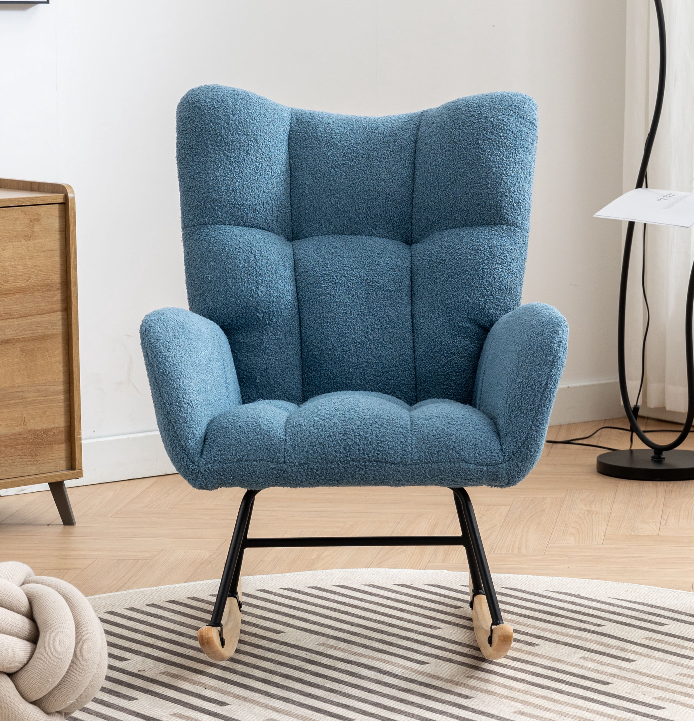 Rocking Chair Nursery,Modern Accent Rocking Chair with High Backrest,Teddy Fabric Upholstered Nursery Glider Rocker for Nursery,Living Room, Bedroom,Blue