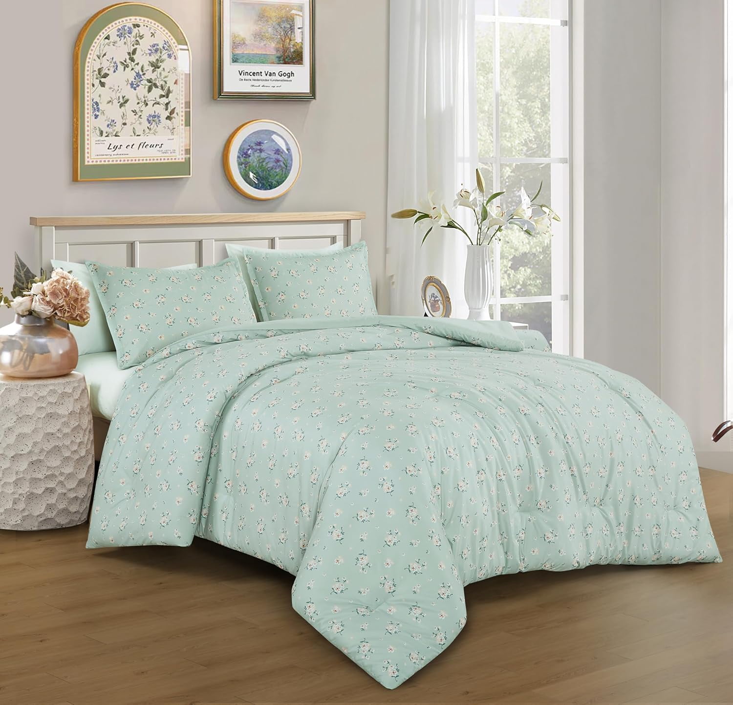 Chezmoi Collection Thistle 2-Piece Tranquil Floral Comforter Set Twin, Soft Green White Floral Printed Microfiber Lightweight Bedding Set for All season