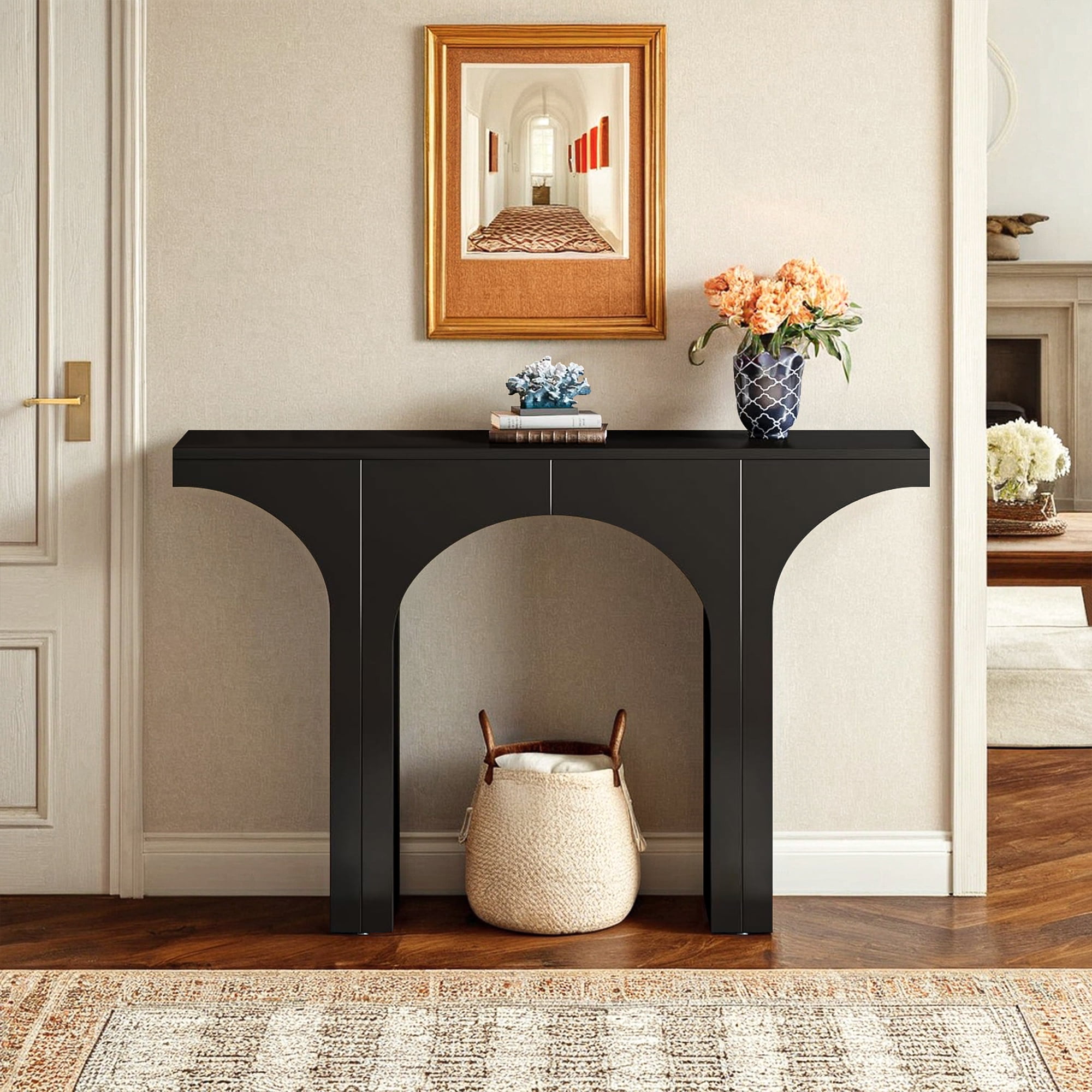 Demi Bonn 47" Console Table, Wooden Entryway Table Sofa Table with Arch Base for Hallway, Bedroom, Living Room, Black