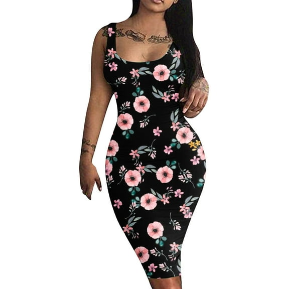 Wycnly Dresses for Women 2024 Night CLub Party Sexy Wrap Bodycon Midi Dresses Sleeveless Scoop Neck Gradient Summer Knee-Length Formal Dress Black s Under $5
