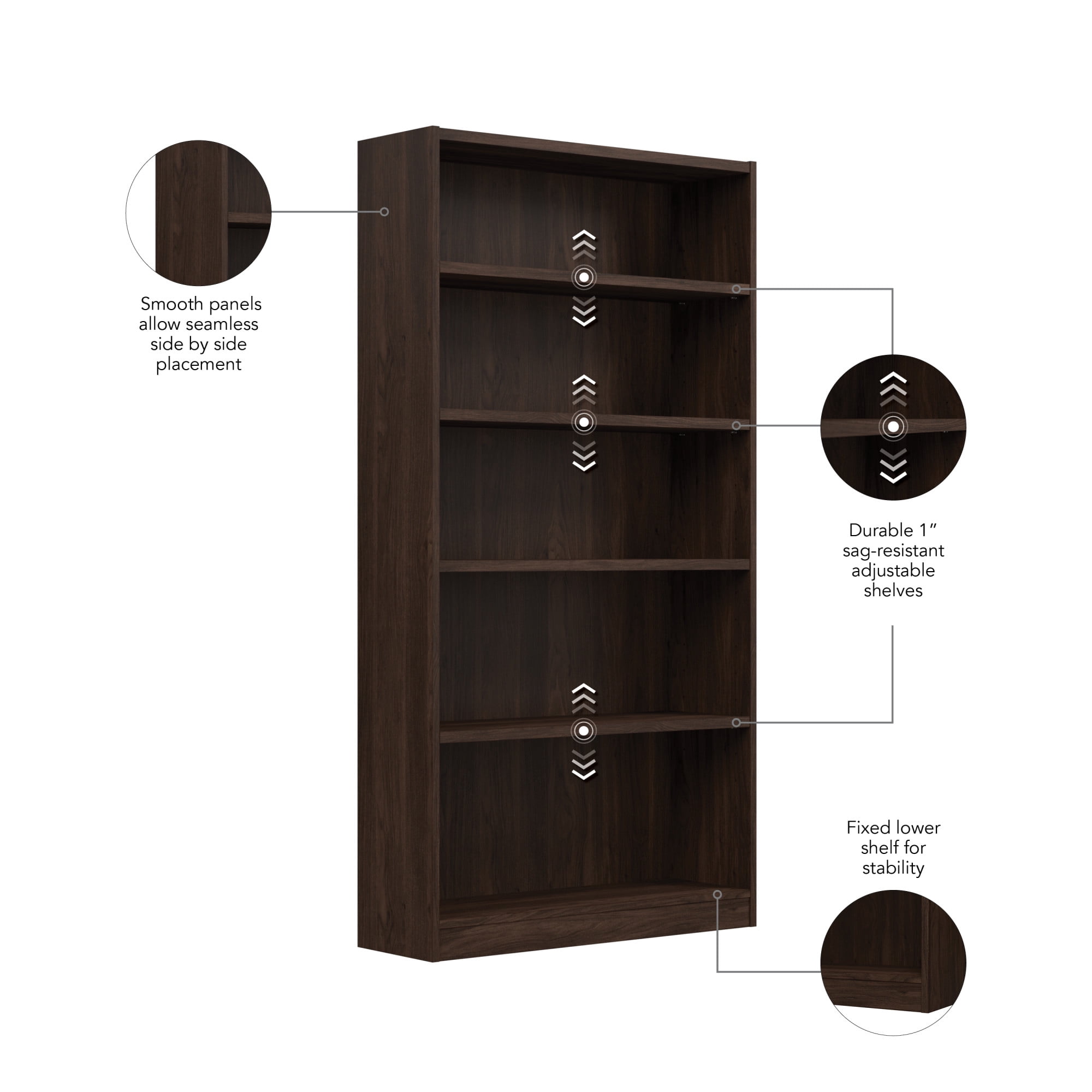 Universal Tall 5 Shelf Bookcase in Black Walnut - Engineered Wood
