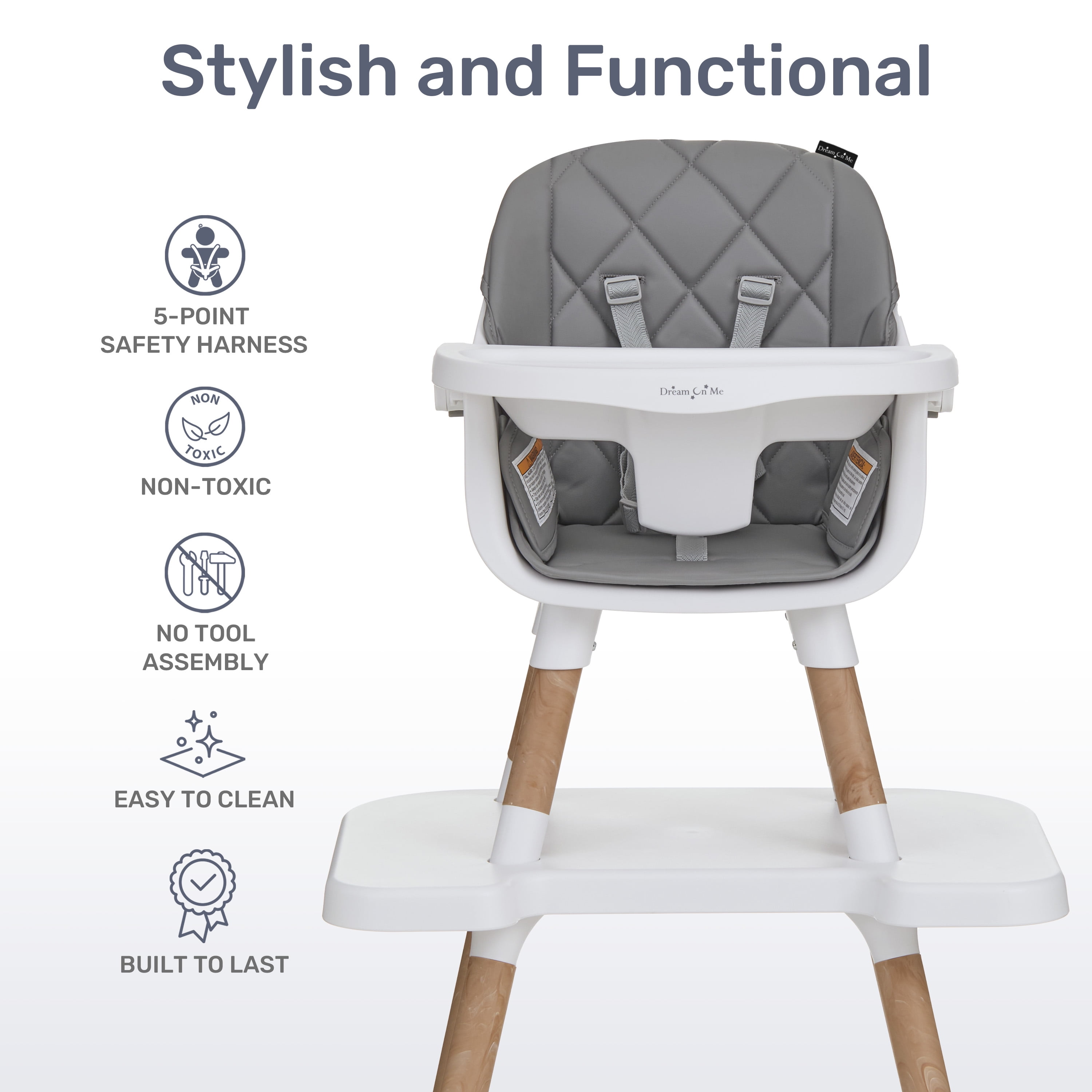 Dream On Me Luna 4-in-1 Convertible Baby High Chair in Cool Gray, Transforms into Booster, Toddler Seat & Table Set, Adjustable and Removable Tray Portable High Chair