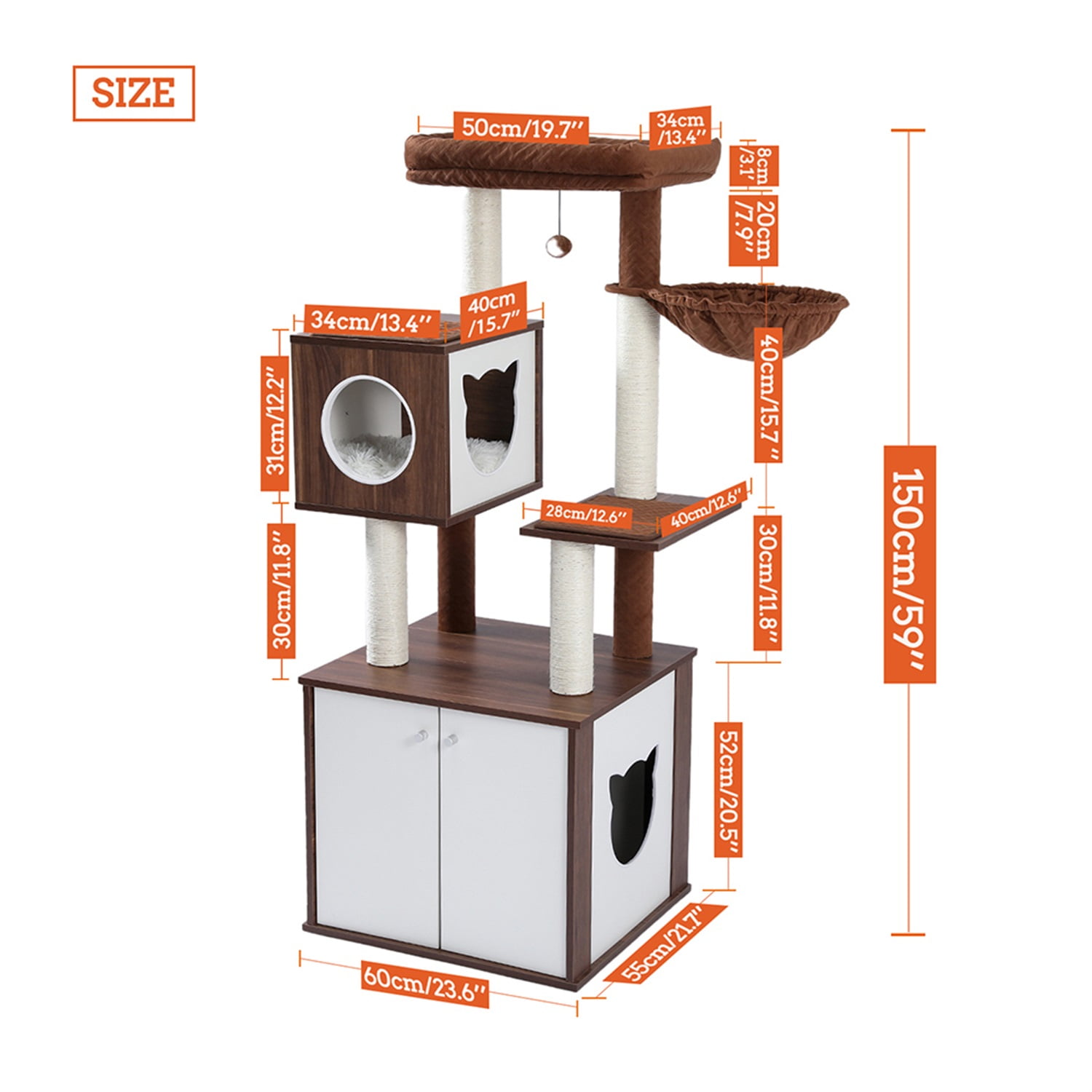 Pefilos Modern Cat Tree for Indoor Cats, 59”Multifunctional Cat Tree Tower for Adult Cats with Little Box Cabinet, Cat Condo for Large Cats, Wood Hidden Litter Box Furniture for Cat, Brown Pefilos Modern Cat Tree for Indoor Cats, 59”Multifunctional Cat Tree Tower for Adult Cats with Little Box Cabinet, Cat Condo for Large Cats, Wood Hidden Litter Box Furniture for Cat, Brown