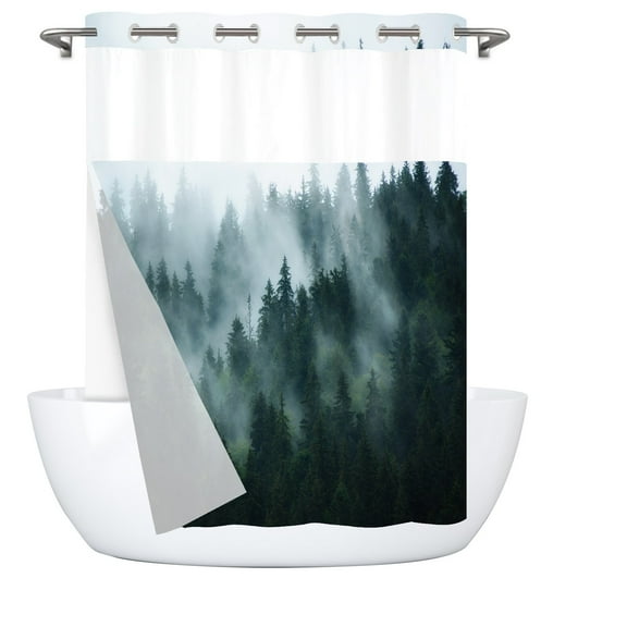 Goodbath No Hook Shower Curtain with Snap in Liner,Nature Landscapes Misty Forest Trees Fabrci Shower Curtains, Double Layer, Mesh Top Window,71 x74 inches,Green