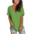 thumbnail image 5 of Women's V Neck T Shirts Casual Rolled Short Sleeve Side Split Summer Tops Loose Fit, 5 of 5