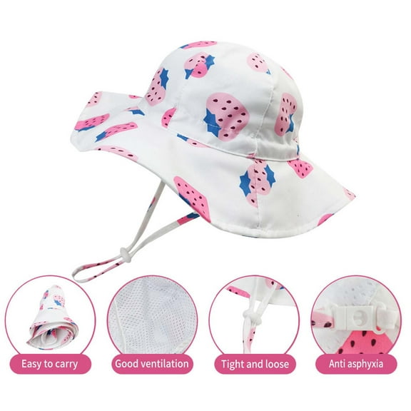 Fridja Summer Children's Strawberry Print Sun Protection Hat Bucket Hat With Hat Rope (3 Months-6 Years Old)