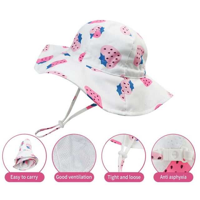 EGNMCR Toddler Hat Summer Children's Strawberry Print Sun Protection Hat Bucket Hat With Hat Rope Girl Server